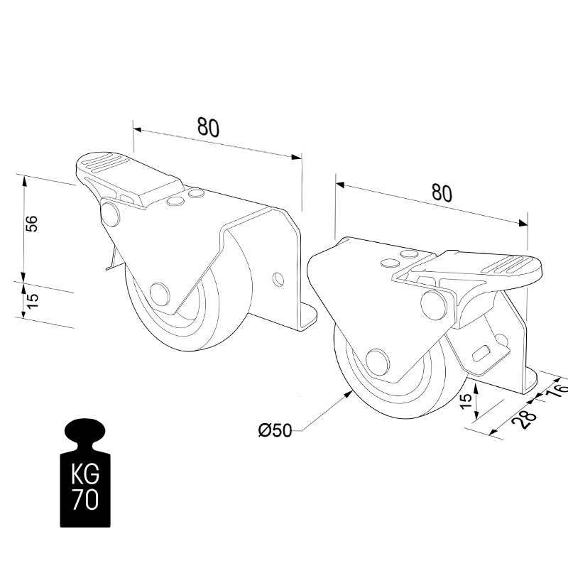 SIDE MOUNTED D.50 PAIR OF WHEELS WITH BREAK